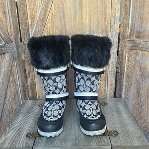 Coach Logo Mariette Winter Boots Genuine Rabbit Fur, Suede & Rubber Water Proof